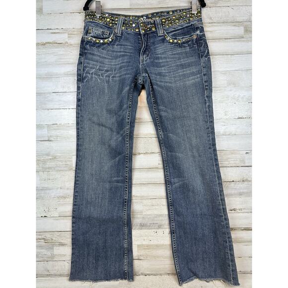 Womens Miss Me JP4288 Embellished Silver Studs Low Rise Jeans 29 x 30 Raw Hem - Picture 1 of 12
